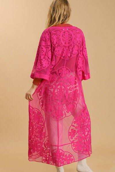Umgee Full Size Floral Lace Open Front Long Kimono with Waist Tie Plus Size - E2G World