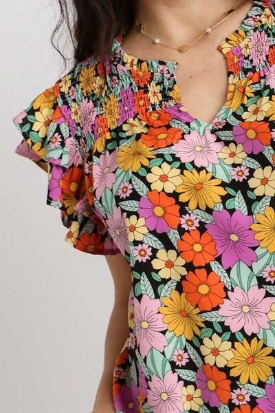 Umgee Full Size Floral Printed Smocked Top Plus Size - E2G World