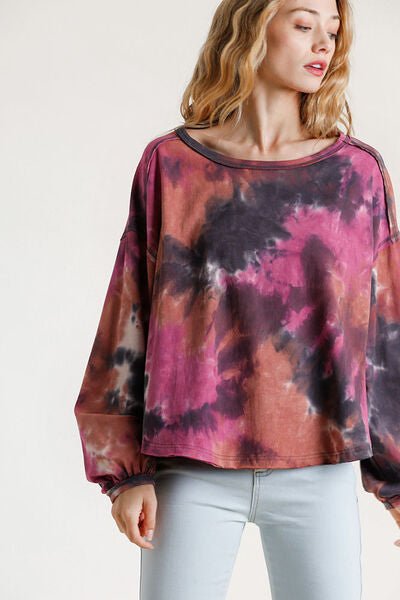 Umgee Full Size Tie Dye Round Neck Long Balloon Sleeve Top Plus Size - E2G World