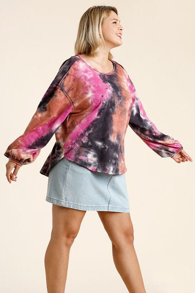 Umgee Full Size Tie Dye Round Neck Long Balloon Sleeve Top Plus Size - E2G World