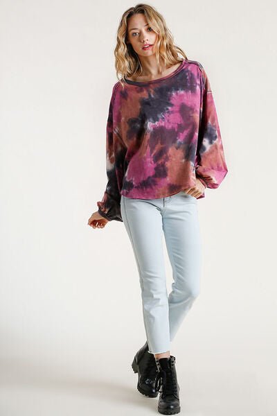 Umgee Full Size Tie Dye Round Neck Long Balloon Sleeve Top Plus Size - E2G World