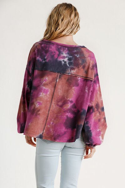 Umgee Full Size Tie Dye Round Neck Long Balloon Sleeve Top Plus Size - E2G World