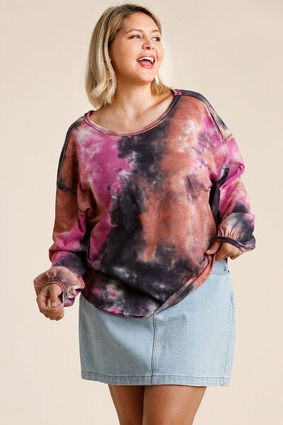 Umgee Full Size Tie Dye Round Neck Long Balloon Sleeve Top Plus Size - E2G World