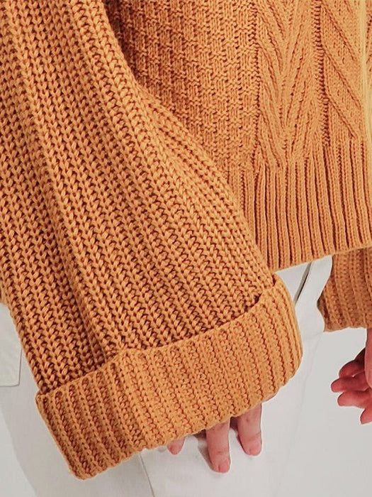 V Neck Bell-Sleeve Cable-Knit Oversize Sweater Top - E2G World