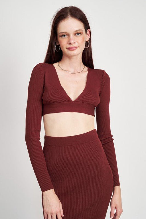 V NECK CROPPED SWEATER TOP - E2G World