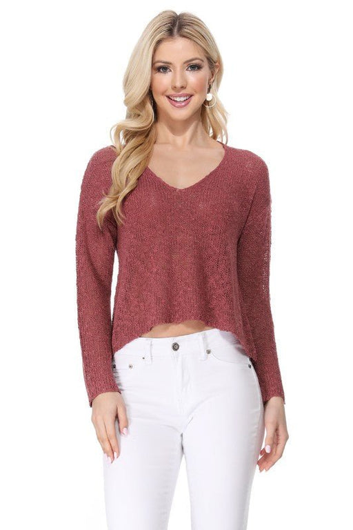 V Neck Drop Shoulder Slub Knit Crop Sweater Top - E2G World